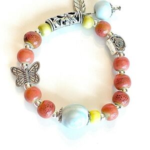 Charming Butterfly Beaded Bracelet - Coral, Yellow, Silver